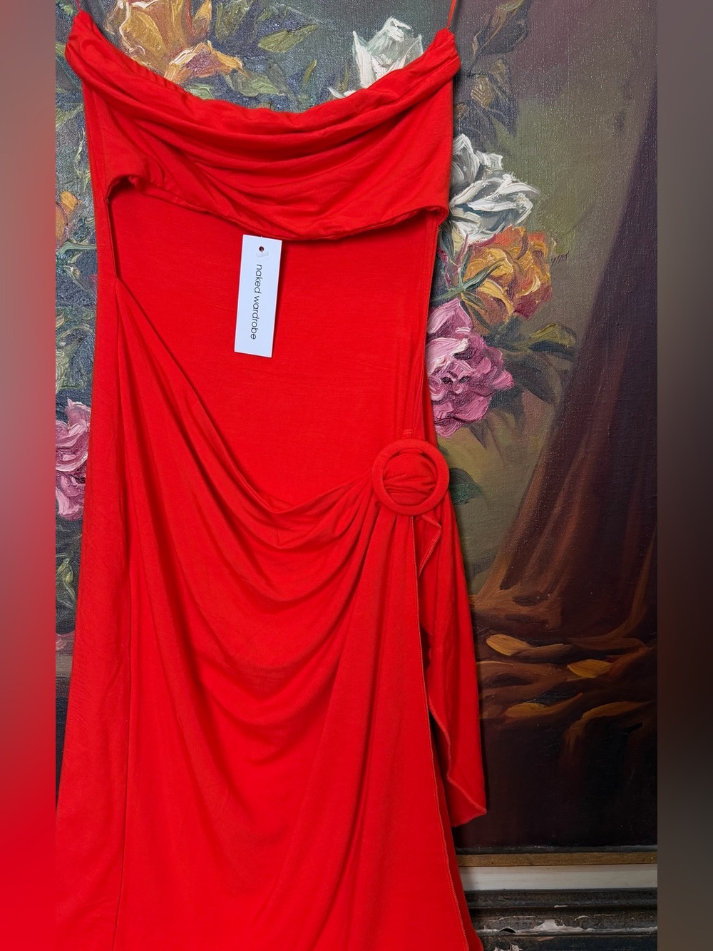 naked wardrobe Red Strapless Draped Ring Detail Slip Dress